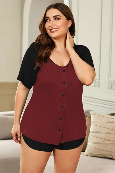 Plus Size Color Block Short Sleeves Top & Shorts Sleepwear Set