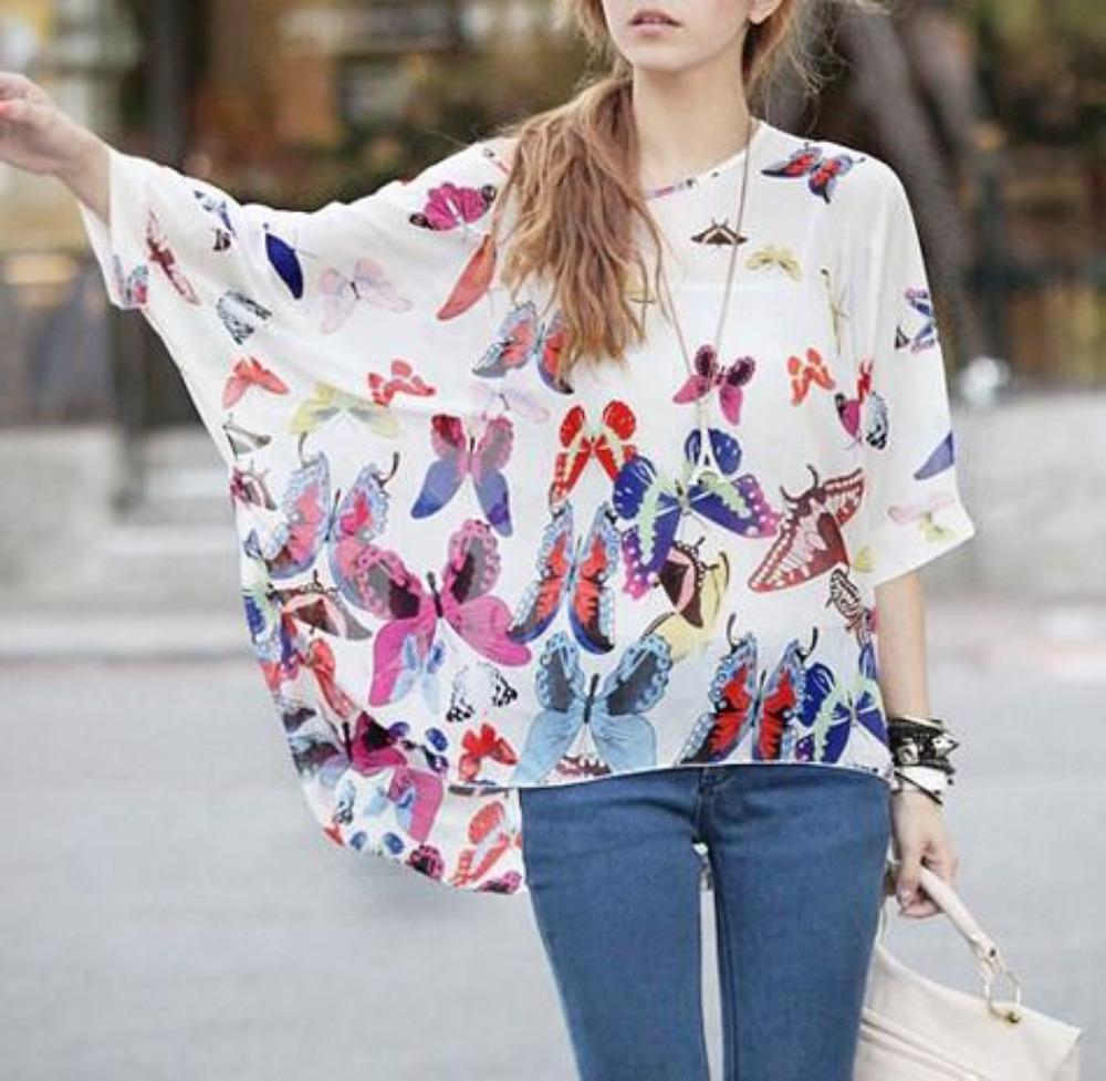 Loose Fit Butterfly Theme Batwing Top