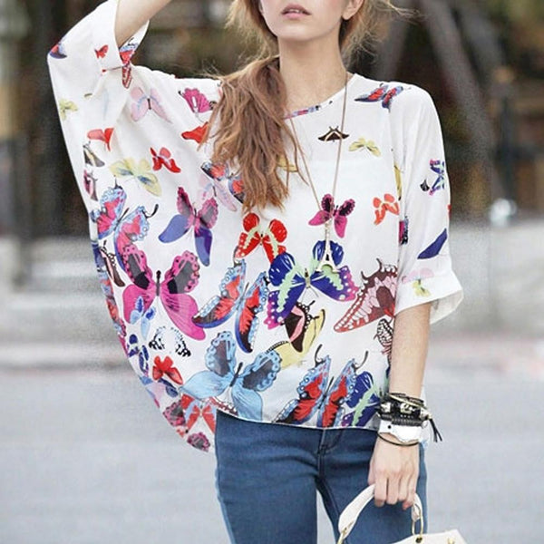 Loose Fit Butterfly Theme Batwing Top